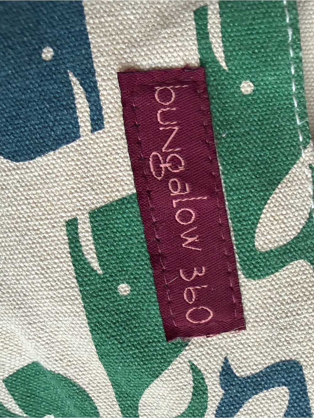 Bungalow 360 Canvas Tote with Burgundy Logo Tag and Teal Whale Print